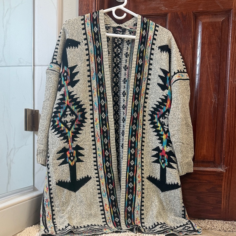 Aztec-Inspired Open Front Long Cardigan